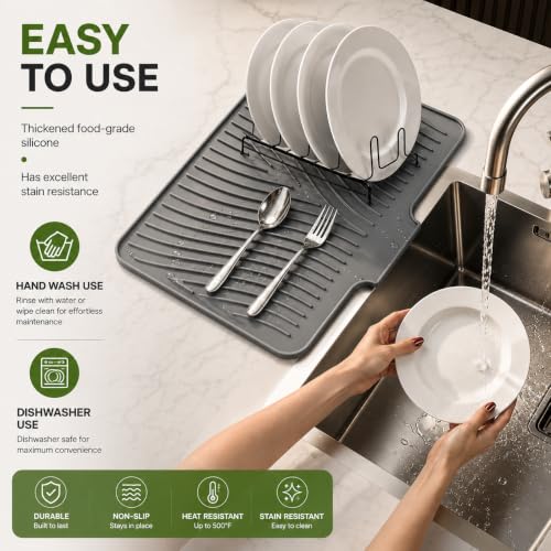 Image of Homeze Extra-Large Silicone Dish Drying Mat 60x48cm - Non-Slip Draining Board Mat for Kitchen Counter, Heat-Resistant & Rollable Drying Mat for Dishes, Utensils & Cookware
