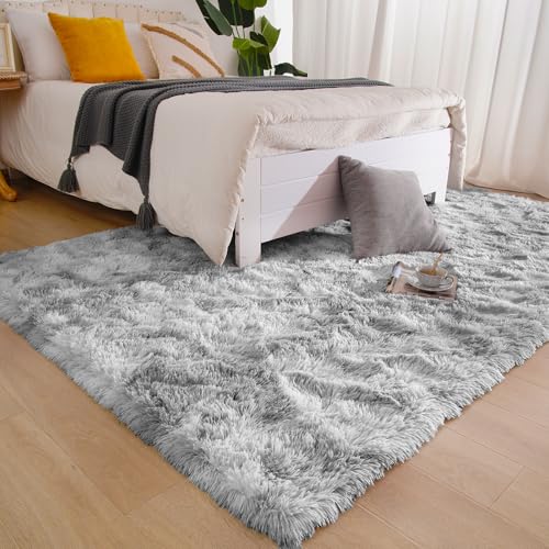 5x7 Tie Dyed Grey Fluffy Area Rugs for Bedroom, Soft Indoor Plush Rug for Living Room, Large Furry Fuzzy Shag Floor Carpet for Kids Nursery Boys Room Dorm Classroom Home Office Decor Mat