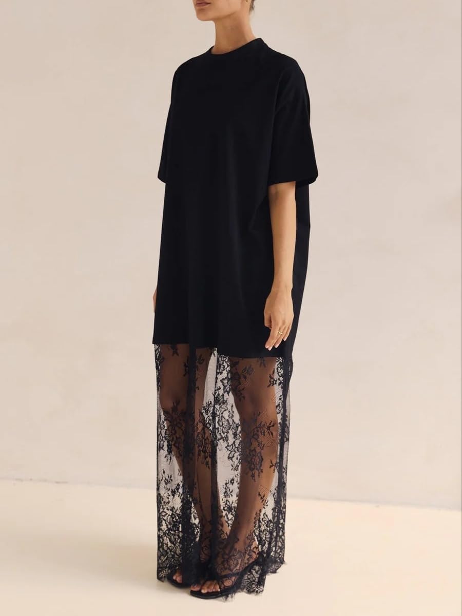 NUFIWI Women Short Sleeve Shirt Dress Crewneck Oversized Lace Maxi Dress Embroidered Lace Patchwork Long Dresses - Image 3