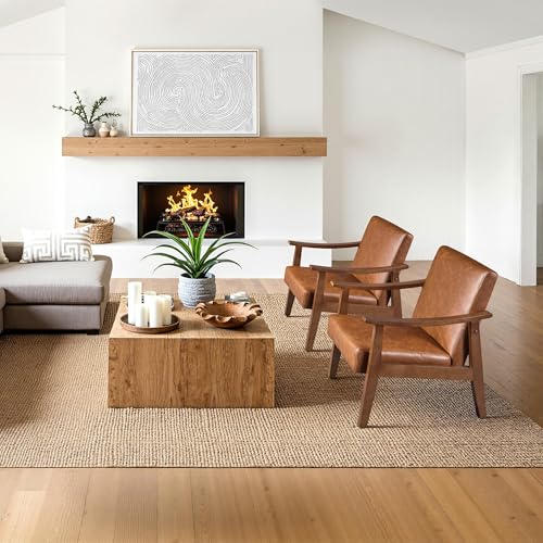 Image of Yaheetech PU Leather Accent Chair, Mid-Century Modern Armchair with Solid Wood Legs, Reading Leisure Chair for Living Room Bedroom Waiting Room, Light Brown, Set of 2