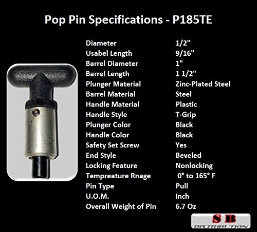 Sbds 'Pop' Pull Pin | 1/2" Diameter Spring Loaded Plunger |1" Diameter X 1-1/2" Length Weld On Steel Barrel | Hard Plastic T Handle Knob | Knurled Round Nut #TOP2