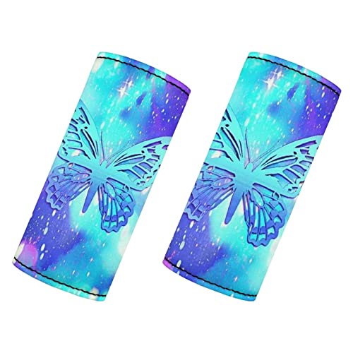 DISNIMO Juego de 2 etiquetas de identificación de equipaje personalizadas con diseño de mariposa azul, accesorios de viaje, funda protectora para manija de puerta, ajuste universal