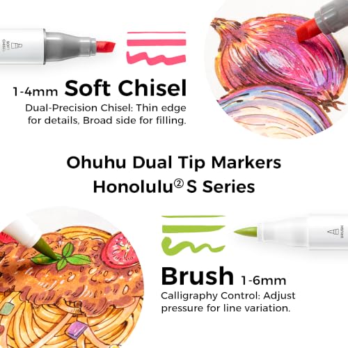 Image of Ohuhu Alcohol Markers 48 Mid-tone Colors Brush& Soft Chisel for Coloring