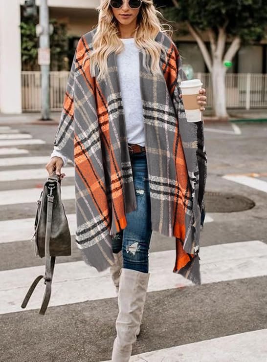 Image of LittleMax Shawls and Wraps for Women, Knit Open Front Boho Cardigan Plaid Shawl Cape, Orange Brown
