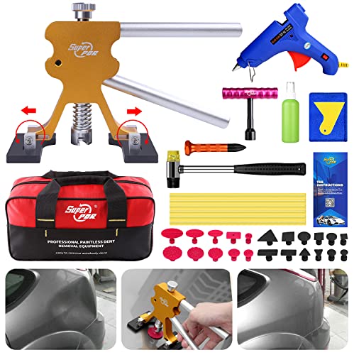 Super PDR Paintless Dent Repair Kit, Car Dent Puller with Golden Dent Lifter, Mini T-Bar Dent Puller, Glue Gun, 22pcs Dent Puller Tabs, for Car Hail Damage Dent and Metal Surface Dent Removal