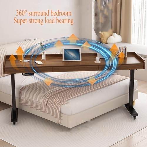 Adjustable Over Bed Table with Wheels, Mobile Laptop Cart for Work & Study, Height 75-103cm, King Size Overbed Table, Rolling Workstation (Brown)