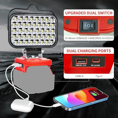 Image of Cordless LED Work Light for Milwaukee 18v Battery,80W Portable Flood Light with USB and Type C Charger Ports for Camping Emergency Workshop(No Battery)