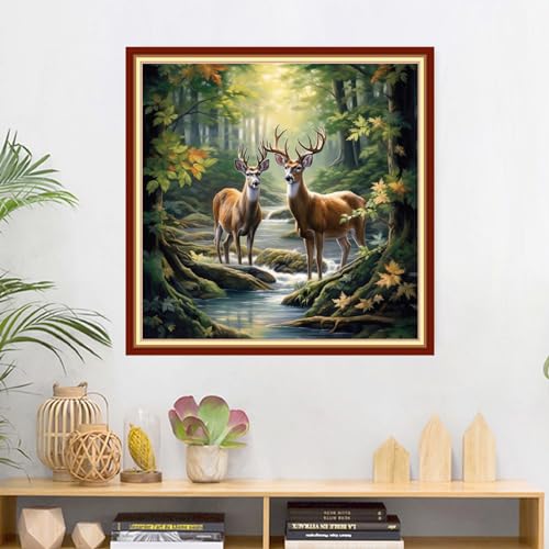 Image of Dimxvean Stamped Cross Stitch Kits,Cross Stitch Kits for Adults Beginners,Embroidery Kits Full Range of Cross Stitch Stamped Kits Needlepoint Kits Cross Stitch Patterns-Forest elk 18x18 inch