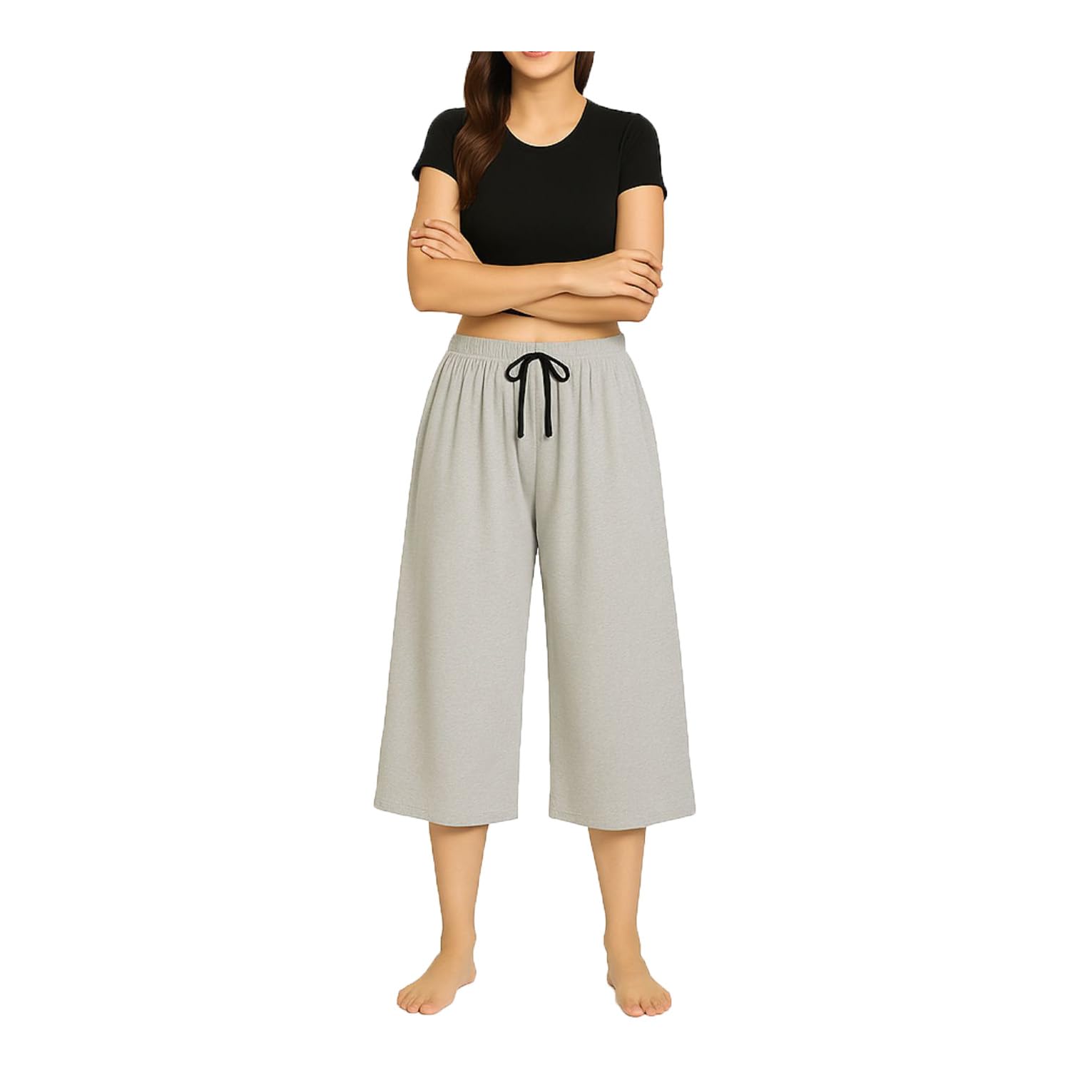 Womens Cotton Loosefit Capri, 3/4th Capri For Girls Elastic With Drawstring Waist Grey Single Pack-picture-56