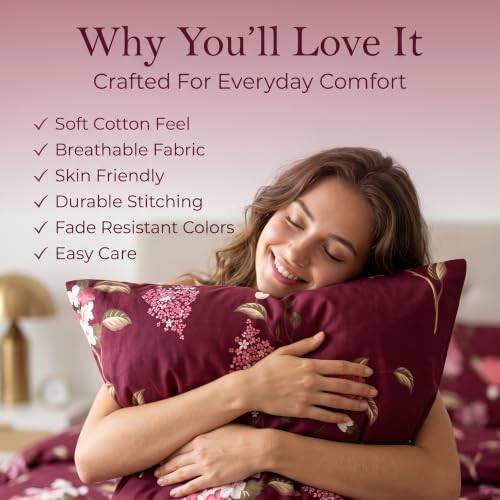 Image of VAS COLLECTIONS 240 TC Cotton Double Bedsheet with 2 Pillow Covers, Ultra Soft & Breathable Bed Sheet Set, Skin Friendly, Fade Resistant, Easy Care Bedding, 90 x 100 Inches - Deep Crimson