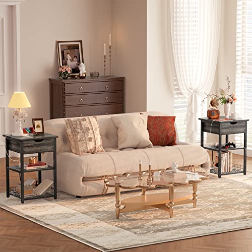 Cyclysio End Table With Charging Station, Side Table With Usb Ports And Outlets, Modern Flip Top Nightstand With Movable Wheel, 26.8'' Tall Bedside Table Sofa Table For Living Room, Bedroom, Grey Oak #TOP1