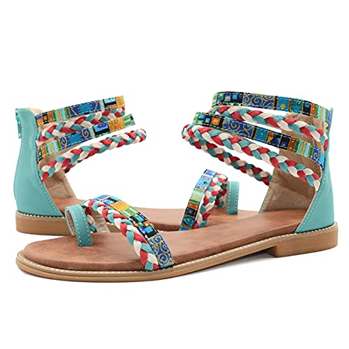 Women s Gladiator Sandals,Cute Flat Sandals, Summer Boho Flats Sandals for Women Dressy, Bohemian Strappy Flat Open Toe Ring Sandals,Wide Comfortable Leather bling gladiator sandals,Orange and Gold Gladiator sandals Blue size 8