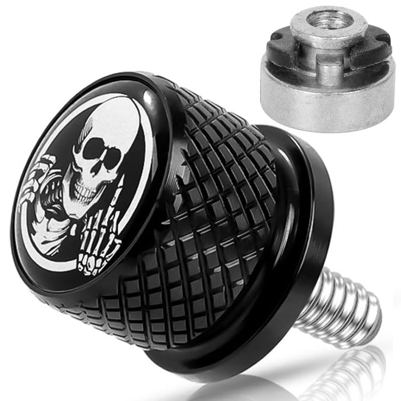 Image of Motorcycle Rear Seat Bolt Screw with Nut Stainless 1 /4 inch-20 Thread Skull Pattern Knurled Fender Fits for Harley Touring Sportster Softail Dyna CVO Fatbob Electra Glide Street Glide 1996-2025 Black