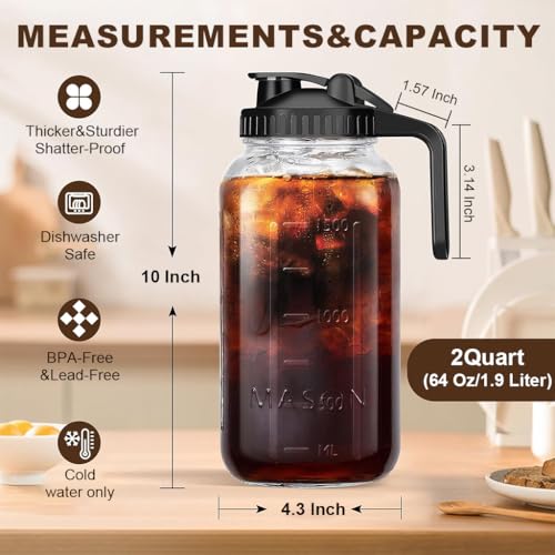 Image of Supvox 64Oz Cold Blew Glass Kettle Coffee Maker Leaking Proof Lid Design with Handle & Nozzle Cool Water Bottle Iced Coffee Pitcher with Stainless Steel Cone Filter & Cleaning Brush