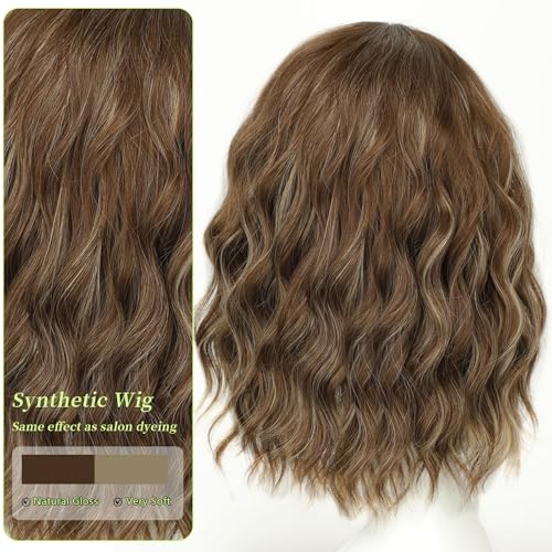 Image of AISI HAIR Curly Bob Wig with Bangs Short Wavy Soft Copper Brown Wigs for Women Bob Style Synthetic Heat Resistant Bob Wigs