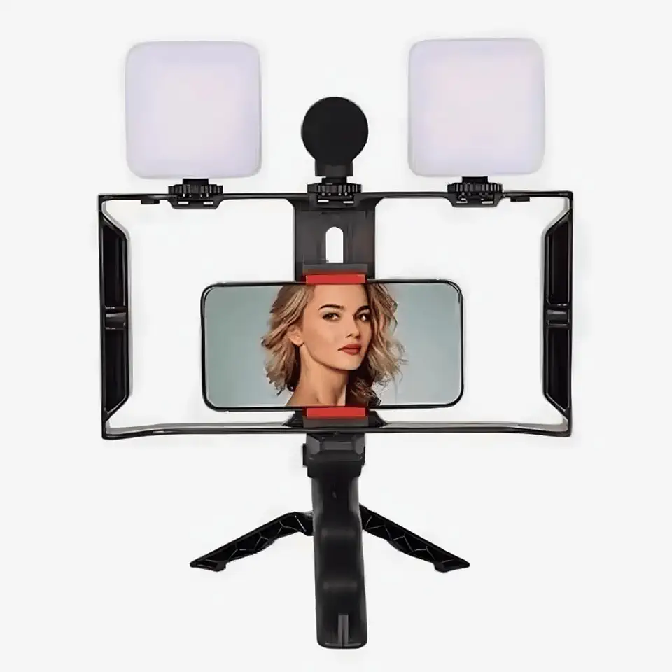 Kit Estabilizador para Celular com 2 Iluminadores LED, Microfone e Tripé, Preto, para Gravação de Vídeos e Lives
