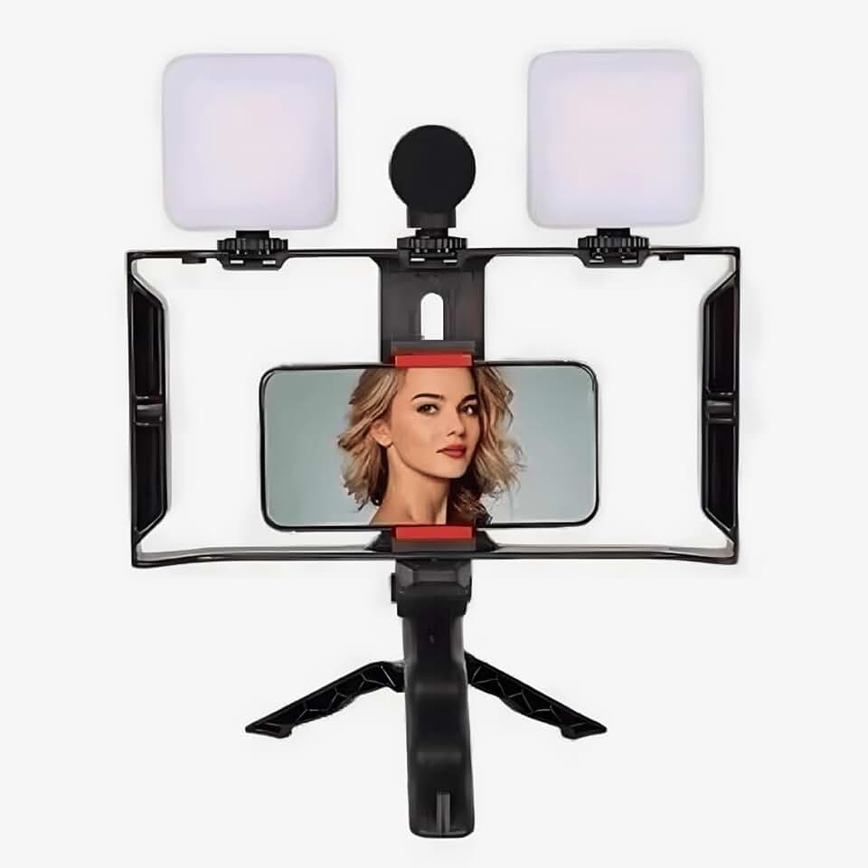Kit Estabilizador para Celular com 2 Iluminadores LED, Microfone e Tripé, Preto, para Gravação de Vídeos e Lives