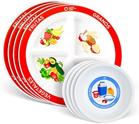 Health Beet Portion Plate Choose MyPlate for Kids, Toddlers - Kids Plates with Dividers and Nutrition Portions Plus Dairy Bowl (Spanish language, Plate with Dairy Bowl Set of 4 Spanish)