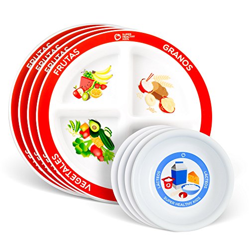 Health Beet Portion Plate Choose MyPlate for Kids, Toddlers - Kids Plates with Dividers and Nutrition Portions Plus Dairy Bowl (Spanish language, Plate with Dairy Bowl Set of 4 Spanish)