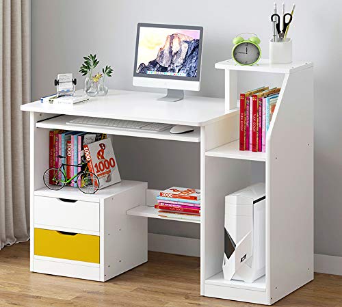 GORVELL Simple Wood Computer Workstations Writing Study Table with Sliding Keyboard drawers Storage Cupboard Shelves Laptop PC Desk,Home Office, L110x W40 x H92cm