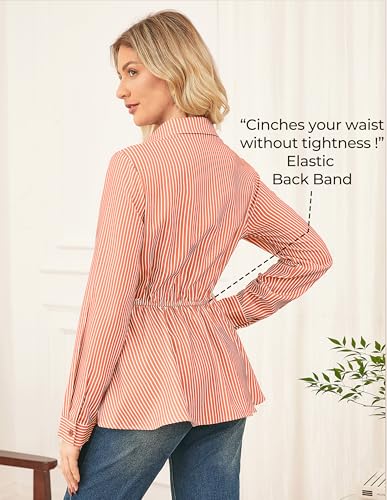 GRACE KARIN Peplum Tops for Women Tie Front Striped Button Down Shirt Collared Long Sleeve Business Casual Work Office Blouse Orange — view 6