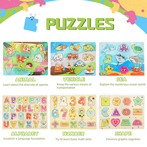 Toddler Puzzles and Rack Set, 7-Pack Wooden Peg Puzzle & Teaching Clock Bonus Holder, Come with All Wood Knob for Kids Ages 2 3 4 5 Year Girl Gift - Alphabet Number Shape Animal Vehicle Sea - Thumbnail 2