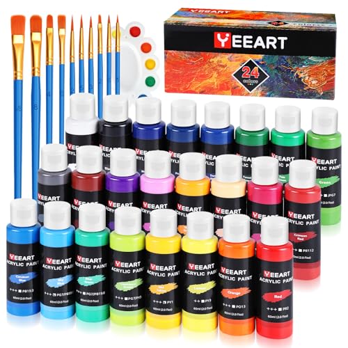 24 Colors Acrylic Paint Set, 2oz Bottles Classic Color, Rich Pigmented Canvas Paint Set, Premium Non-toxic Acrylic Paint for Artists, Kids & Adults, Art Supplies for Canvas Painting Rocks Wood Ceramic Model with 10 Brushes & Palette by Yeeart - Used condition - US$18.99