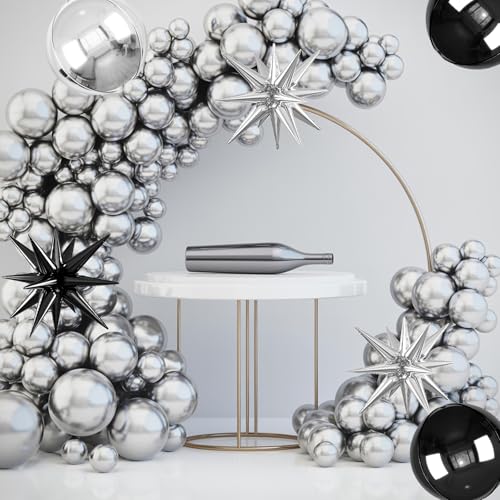Image of 6pcs 22 inch Black Silver Star Balloons and 4D Large Foil Balloons, Black Foil Star Balloon Silver 4D Aluminum Balloon For Birthday Baby Shower Party Wedding Anniversary Graduation New Year Decoration