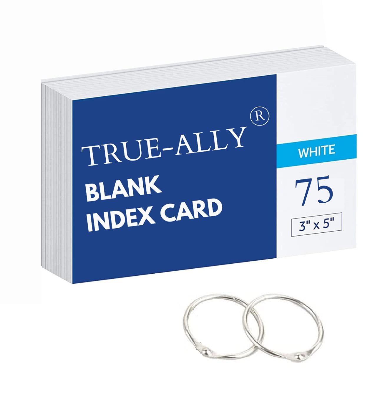True-Ally unruled Index Flash Cards - 3x5 inch, White, 200 GSM - with Free Binder Rings for Short Notes, cue Card, Cheat Sheets, exam, Interview Preparation (3x5 inch Plain - 75 Sheets)