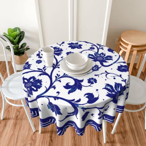 KUOAICY Blue and White Porcelain Paint Round Tablecloth Flower Table Cover Washable Tablecloths for Kitchen Dining Party Home Decor 60 inch