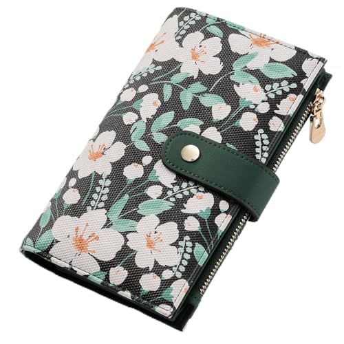 Image of yiijay Womens Wallet RFID Blocking Vegan Leather Trifold Clutch Credit Card Holder Ladies Travel Wallet Purse with Pen Holder, 2Flora Green, 6.5''x 4.2''x 1.4'', Rfid Wallet
