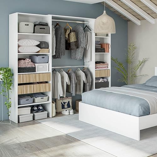 HABITMOBEL Vestidor Ropero Abierto con 3 cajones, 6 estantes y 2 Barras de Colgar - Acabado Blanco y Madera Natural Vertical veteada