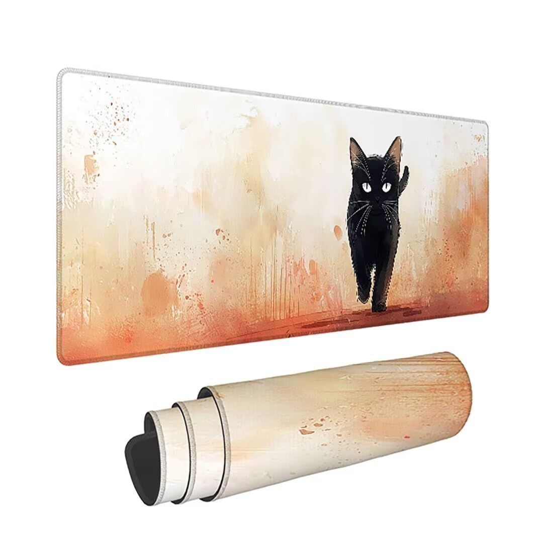 Podkładka pod mysz do gier XXL - 1400 x 600 x 3 mm - duża antypoślizgowa podkładka pod klawiaturę dla kota z przeszytymi krawędziami, duża podkładka pod mysz do gier dla biura i domu, poprawia