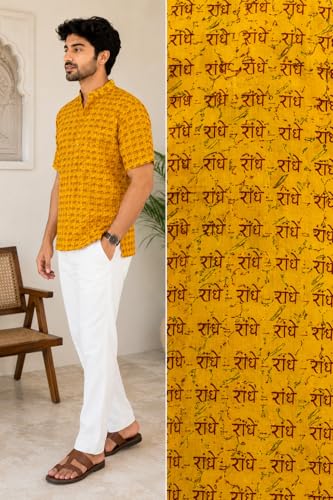 Image of LATEST CHIKAN Men's Cotton Printed Short Kurta | Half Sleeve Band Collar Ethnic Wear | Radhe Print Casual Festive Traditional Kurta for Men