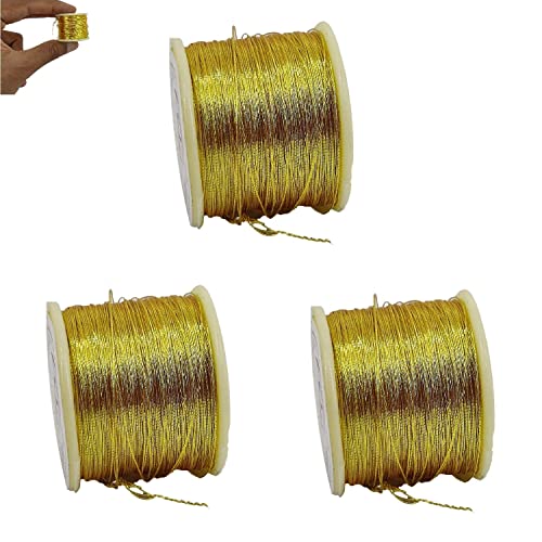 Aumni Crafts Zari Metallic Threads 0.1 MM (3 Rolls) Gold Color for Aari Work Embroidery Sewing Garment Needlework Crafts