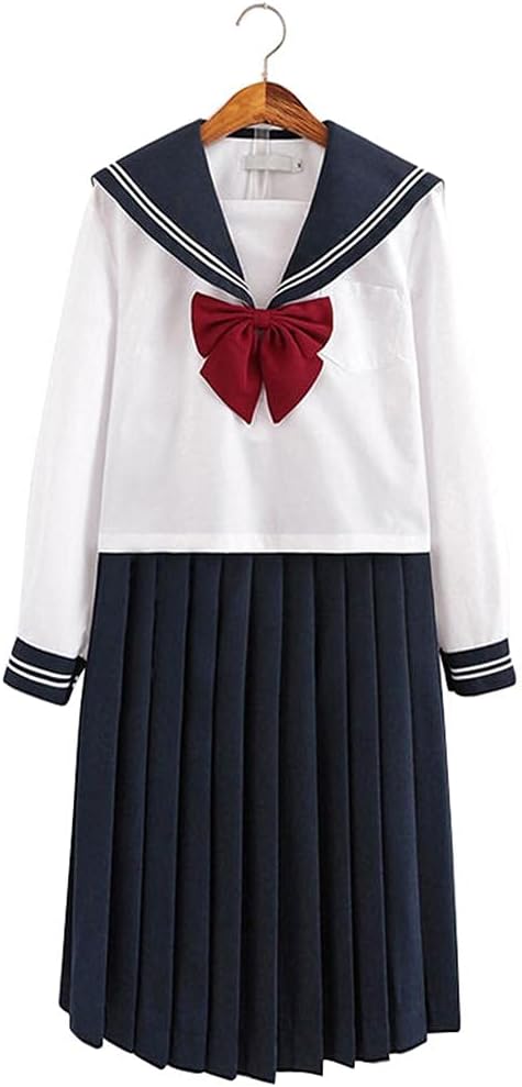 White Schoolgirl Uniform Japanese Long Sleeve Sailor Suit Sailor School Uniforms, Casual Style Normal Wear for Daily, Cute Style for Young Girls, with Pleated Skirt (#3)