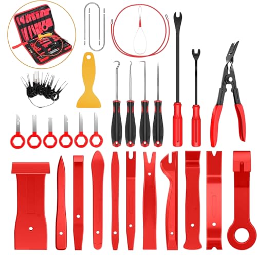 Image of Car Trim Removal Tool Kit, 38Pcs, Auto Body Dash Dashboard Interior Removing Tools Door Panel Clip Pliers, Automotive Repair Plastic Pry Prying Tools Hook Pick Set, Radio & Door Panel Removal (Red)