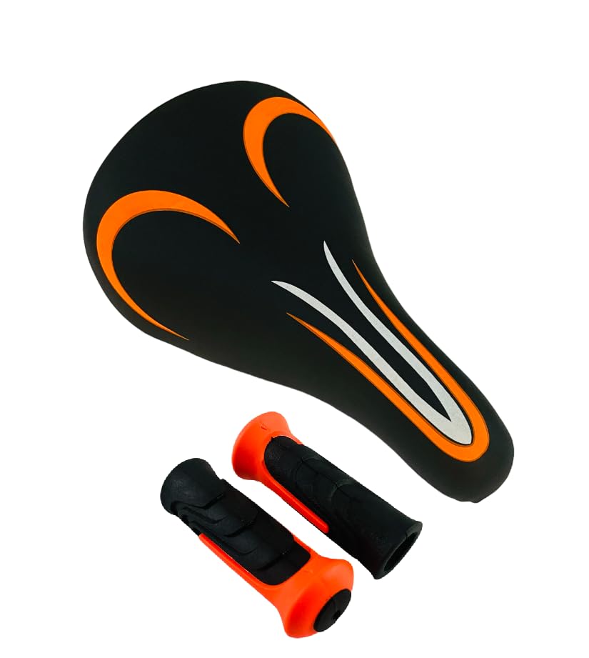 Shrenik Kids Bicycle Saddle Grip Handle Combo Cycle Seat Handlebar Grip 14-20 Inch Cycling 14T 16T 20T (Black-Orange)-picture-16