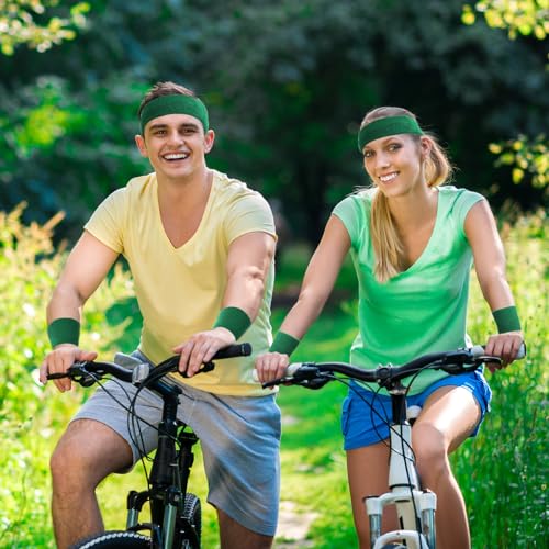 Image of Bememo 6 Pcs Neon Sports Sweatbands Set Sports Competitions Sweatbands 2 Headband 4 Wristbands Breathable Terry Cloth Athletic Bands for Team Soccer Spirit 80s Costumes Cosplay