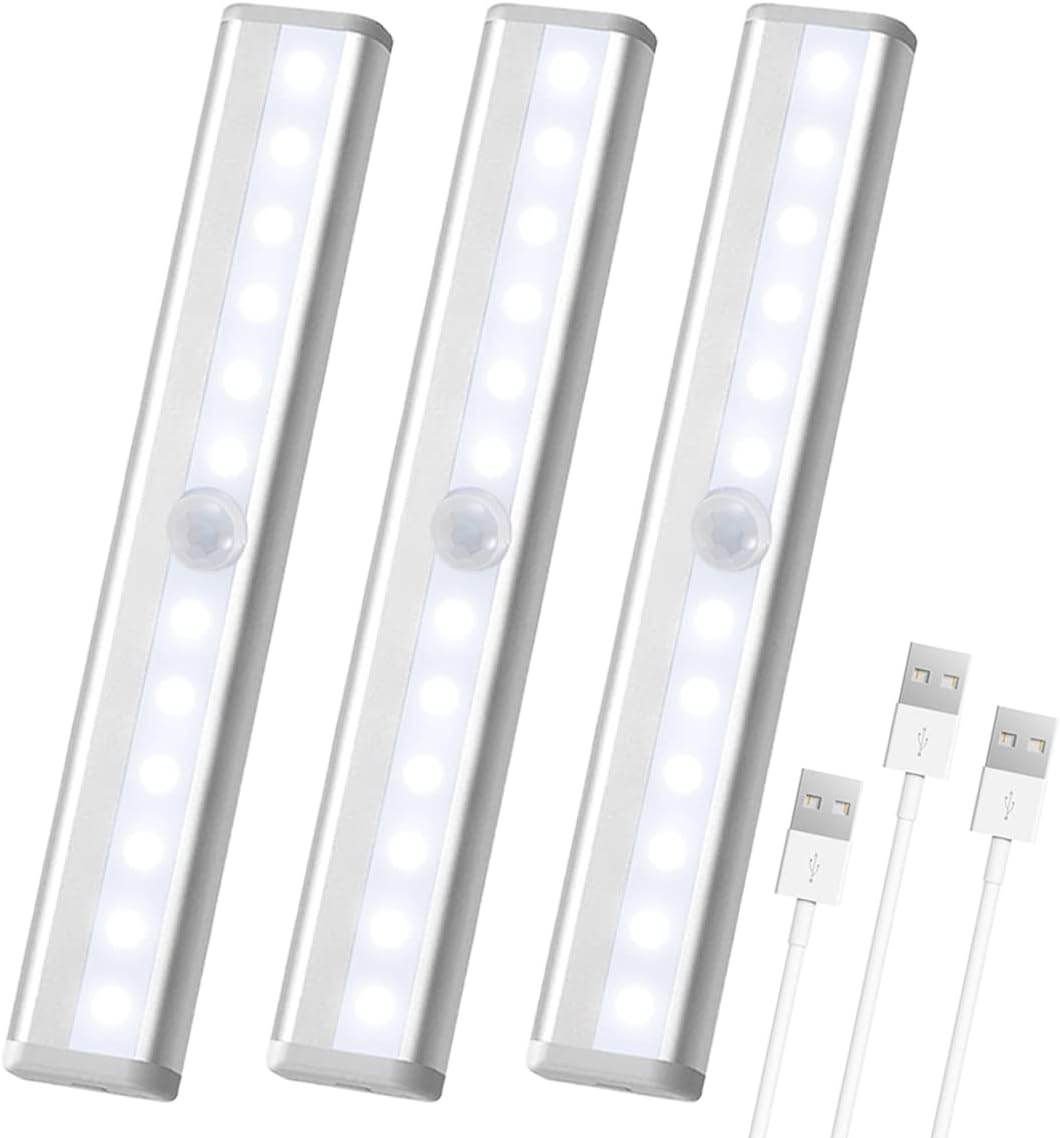 Exсluѕіvе Sресіаl 3 Pack Motion Sensor Closet Lights, 12 LED Stick-on Anywhere Magnetic Portable Wireless LED Under Cabinet Lights, Rechargeable Battery Night Light Bar for Closet Kitchen Hallway Stair(Daylight White)