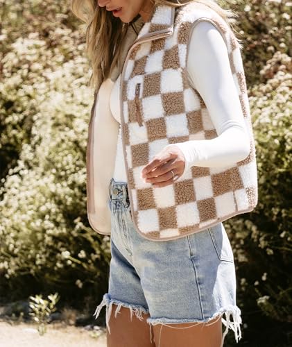 EARKOHA Womens Winter Sleeveless Fleece Top Casual Collar Khaki Checkered Sherpa Collared Jacket Vest3