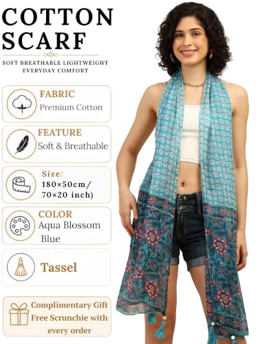 Image of KE KANHA EXPORTS Scarf for Women Premium Cotton Boho | Dual Tone Border Print Stole with Tassels | Lightweight Summer Beach Wrap 180 x 50 cm FREE Scrunchie Included