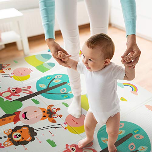 Foldable Play Mat |【Easy to Clean, Fold Up】Non- BPA Non-Toxic Foam Baby Playmat 79“ x 71inchx 0.6” Thick Extra Large Reversible Crawling Mat Portable Toddlers Kids (Cute Giraff)