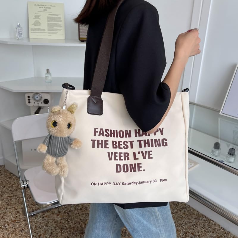 Trendy Letter Print Canvas Tote Bag for Women Stylish Shoulder and Crossbody Handbag4