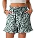 PrinStory Shorts Damen Sommer High Waist Kurze Hose Gürtel Breites Bein Shorts Leicht Sommershorts Mit Taschen (Grün Weiß Blume,L)