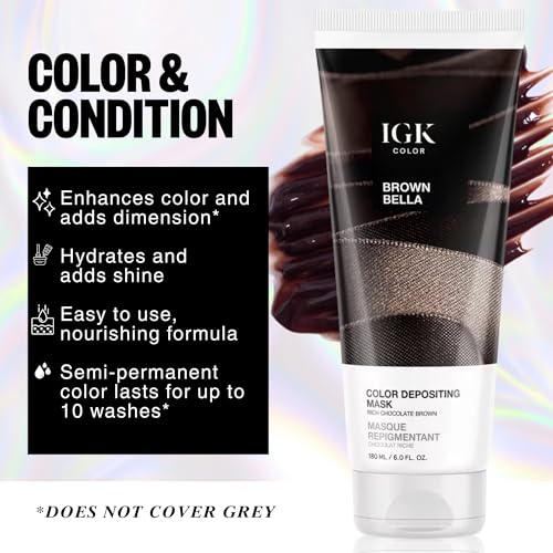 IGK Brown Bella Color Depositing Hair Mask | Chocolate Brown Semi Permanent Hair Color Conditioner + Gloss Toner | Hydrating Formula Adds Shine + Refreshes Color | Vegan + Cruelty Free | 6 oz