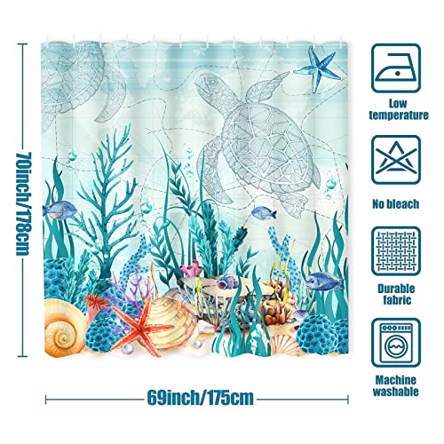 Ikfashoni Sea Turtle Shower Curtain, Coastal Beach Coral Shower Curtain With 12 Hooks, Ocean Themed Bathroom Curtain, Starfish Seashell Shower Curtains For Bathroom Decor, 69" X 70" Teal #TOP6