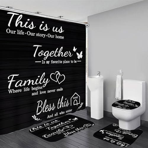 AZHM Family Shower Curtain Set Black Home Bathroom Set with Shower Curtain and Rugs and Accessories Bathroom Decor Curtain with 12 Hooks
