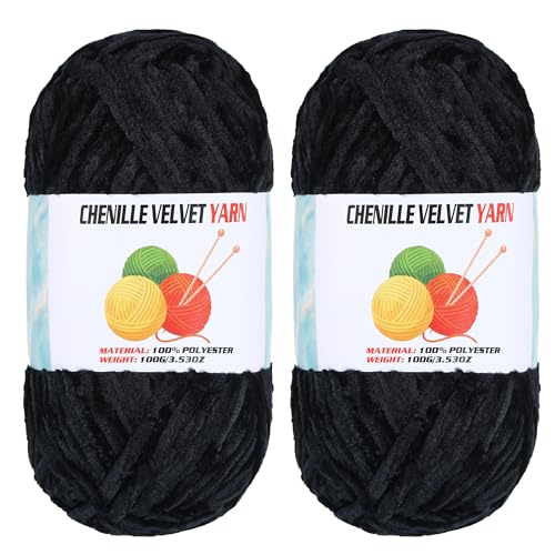 Image of 2 * 100g Velvet Chenille Chunky Yarn, Handcrafts Weaving Soft Chenille Yarn for Crocheting Clearance, Used for Making Baby Yarn Blanket, Clothes, Knitting Creations (Black)