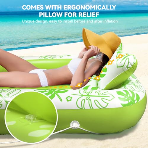 Inflatable Tanning Pool Lounger Float with Cervical Pillow - Pool Floats Adult for Sunbathing, Backyard, Pool Party - Inflate Ball Pit - Swimming Pool Bed (FluorescentGreen-L(71"x47")) by COMMOUDS - Used condition - Image 2